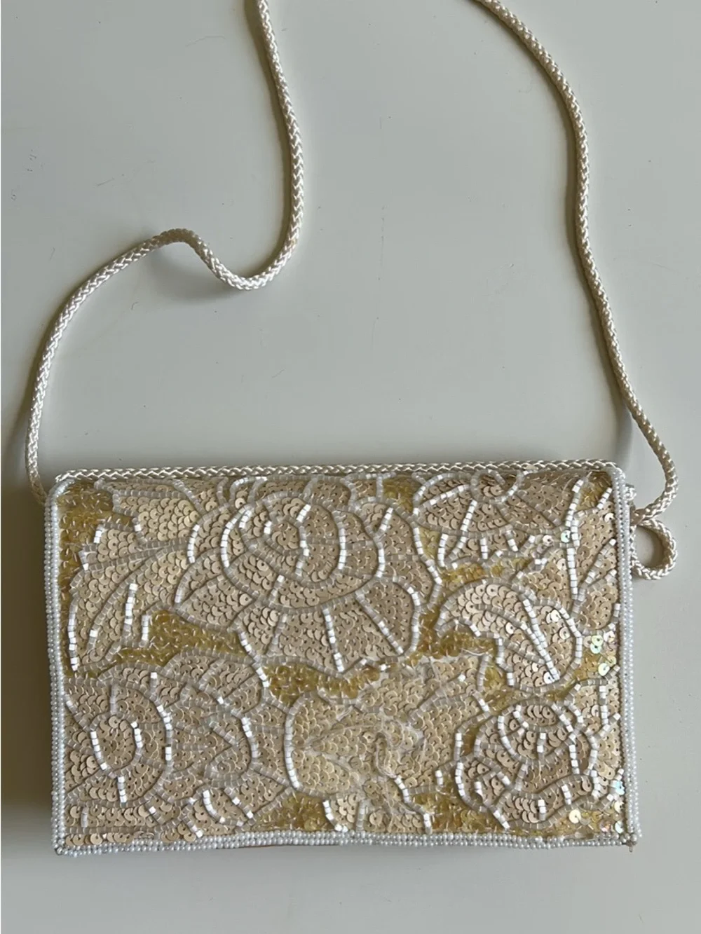 Vintage Beaded Sequin Floral Crossbody Bag in Ivory
